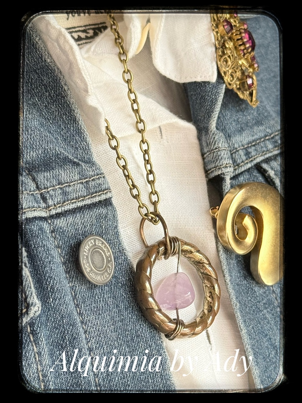 Amethyst old bronze charm statement necklace